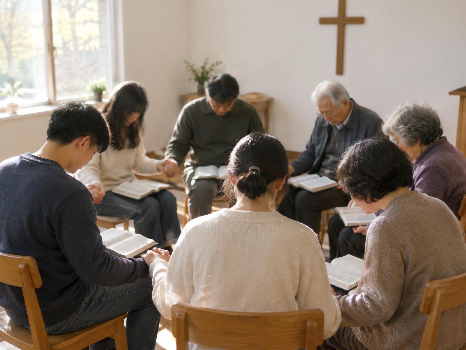 함께 모여 기도하는 성도들